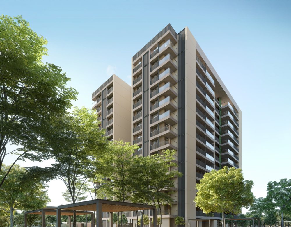 Modern residential apartment towers with landscaped gardens
