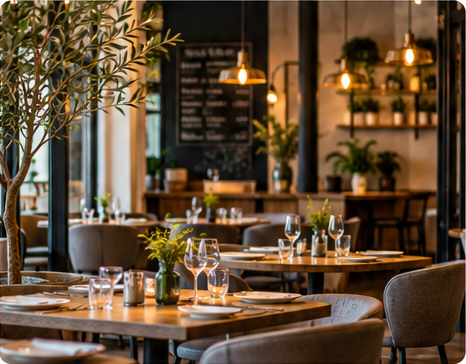 Modern restaurant dining room with tables set for guests under warm pendant lights